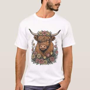 Bloemrijke Schotse Hoogland Koe Oude Gravure Ontwe T-shirt