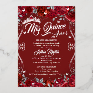 Bloemrijke Scroll Robijnrode Mis Quince Quinceaner Folie Uitnodiging