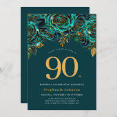 Bloemrijke Smaragdgroene en Gouden 90e Verjaardag Kaart (Voorkant / Achterkant)