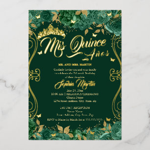 Bloemrijke Smaragdgroene Rol Mis Quince Quinceaner Folie Uitnodiging