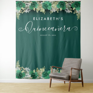 Bloemrijke smaragdgroene verjaardags Quinceanera-f Wandkleed