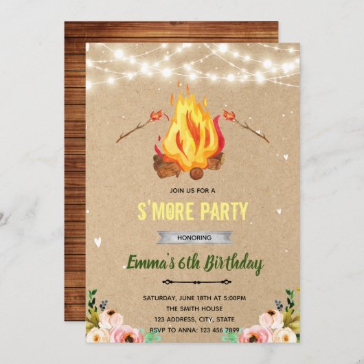 Bloemrijke s'mores vreugdevuur bbq-feest kaart (Voorkant / Achterkant)