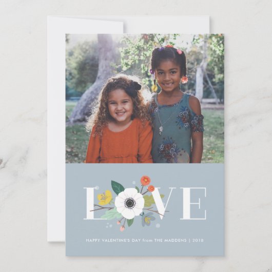 Bloemrijke Valentijnskaart - Stofblauw Feestdagenkaart (Voorkant)