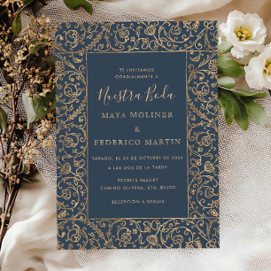 Bloemrijke vintage goud & marine Nuestra Boda brui Kaart