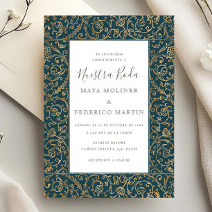 Bloemrijke Vintage Goud Nijlblauw Nuestra Boda Tro Kaart