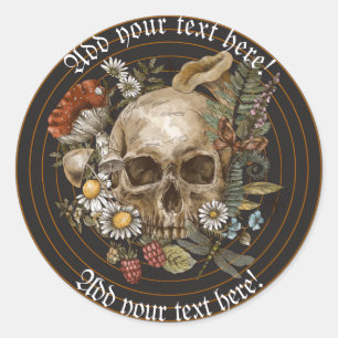 Bloemrijke Vintage Schedel in Gouden Cirkel Strepe Ronde Sticker