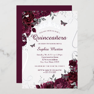 Bloemrijke Vlinder Elegante Burgundy Quinceanera Folie Uitnodiging