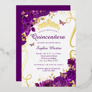 Bloemrijke Vlinder Elegante Paarse Quinceanera Folie Uitnodiging