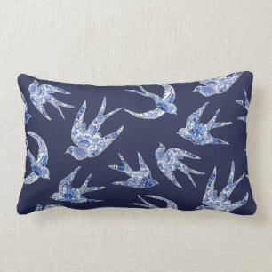 Bloemrijke Vogel Zwaluw Marine Wit Chinoiserie Vin Kussen