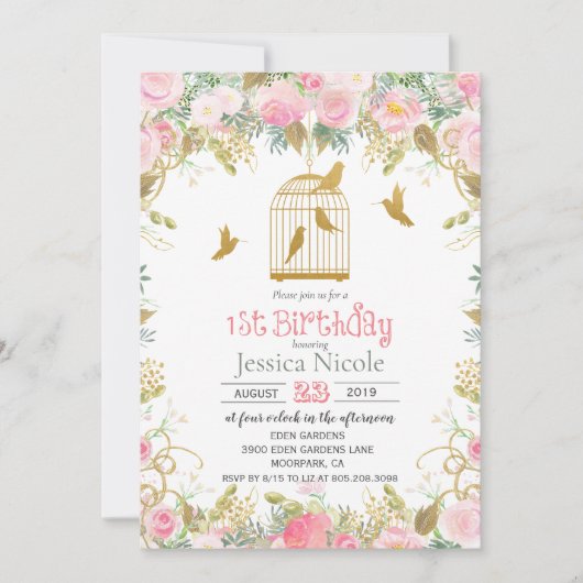 Bloemrijke Vogelkooi 1e Verjaardagsuitnodiging Kaart (Voorkant)