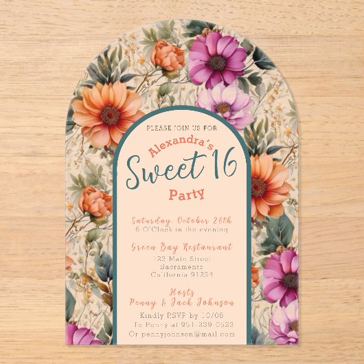 Bloemrijke zoete zestien uitnodiging transparant acryl uitnodigingen (Voorkant)