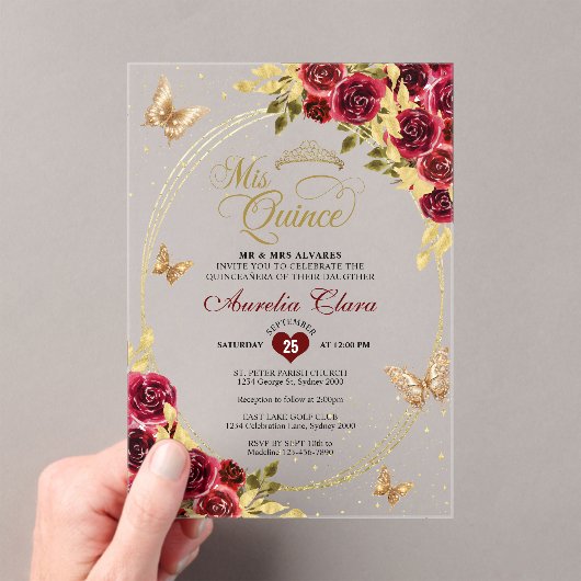 Bloemrood goud tiara vlinder mis quinceañera acryl uitnodigingen (Insitu (Draagbaar))