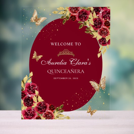 Bloemrood goud tiara vlinder quinceañera acryl bord (Neutraal)