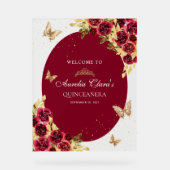 Bloemrood goud tiara vlinder quinceañera acryl bord (Voorkant)