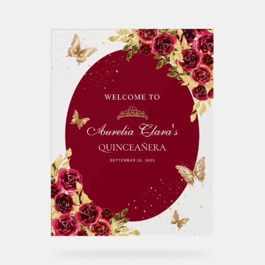 Bloemrood goud tiara vlinder quinceañera acryl bord (Voorkant)