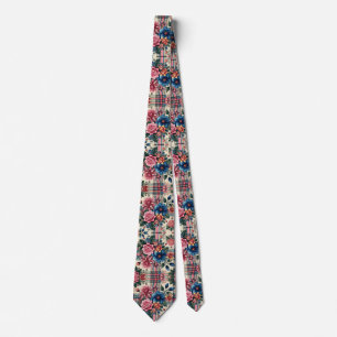 Bloemroze Blauw Plaid Monogrammed Stropdas
