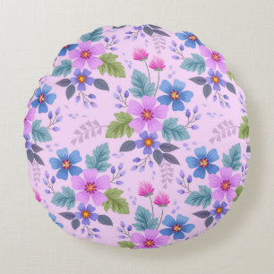 Bloemroze Blauw Violette Bloemen Patroon-36841 Rond Kussen