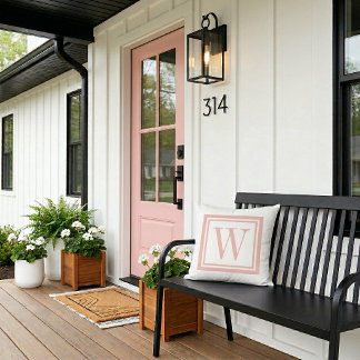 Bloemroze en Witte Klassieke Vierkante Monogram Buitenkussen