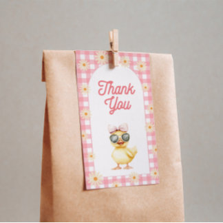 Bloemroze Gingham Duck Verjaardag Labels Cadeaulabel