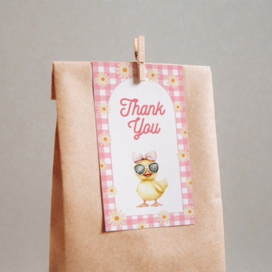 Bloemroze Gingham Duck Verjaardag Labels Cadeaulabel