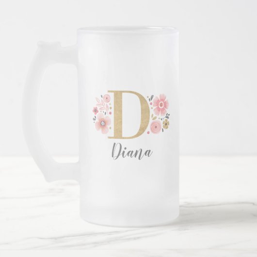 Bloemroze gouden monogram matglas bierpul (Links)