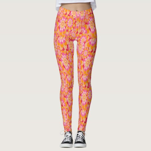 Bloemroze Oranje Groovy Hippy Psychedelische Retro Leggings (Voorkant)
