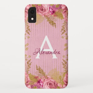 Bloemroze rozen en goudfolie monogram iPhone XR hoesje