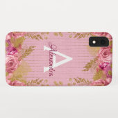 Bloemroze rozen en goudfolie monogram Case-Mate iPhone case (Achterkant (horizontaal))