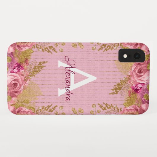 Bloemroze rozen en goudfolie monogram Case-Mate iPhone case (Achterkant (horizontaal))
