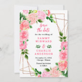 Bloemroze rozen met gebladerte bruiloft save the date (Voorkant)