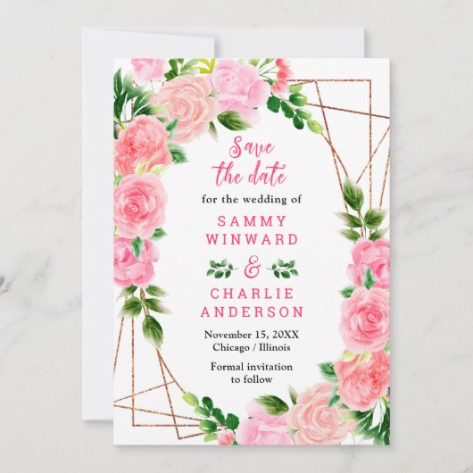 Bloemroze rozen met gebladerte bruiloft save the date (Voorkant)