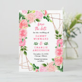 Bloemroze rozen met gebladerte bruiloft save the date (Staand voorkant)