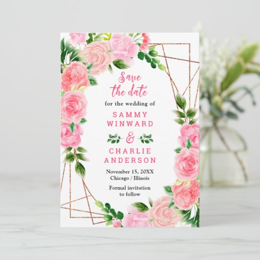 Bloemroze rozen met gebladerte bruiloft save the date (Staand voorkant)