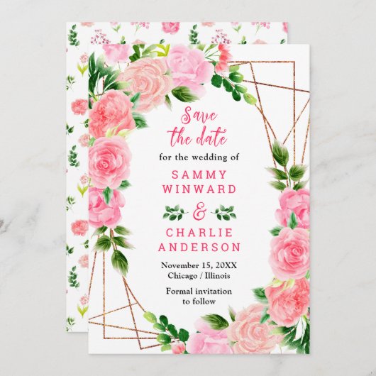 Bloemroze rozen met gebladerte bruiloft save the date (Voorkant / Achterkant)
