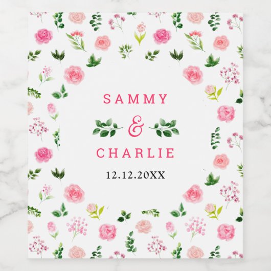 Bloemroze rozen met gebladerte bruiloft wijn etiket (Enkel label)