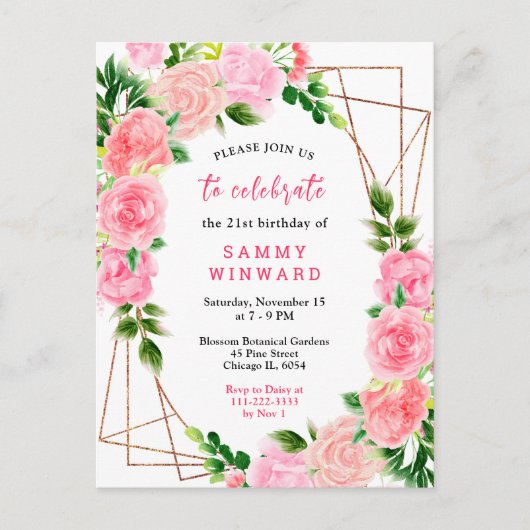 Bloemroze rozen met gebladerte verjaardagsfeestje briefkaart (Voorkant)