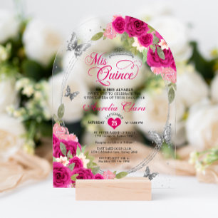 Bloemroze zilveren vlinder Quinceañera boog Acryl Uitnodigingen