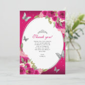 Bloemroze zilveren vlinder Quinceañera foto Bedankkaart (Staand voorkant)