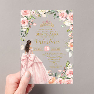 Bloemrozen Blush Roze Quinceañera 15e verjaardag Acryl Uitnodigingen