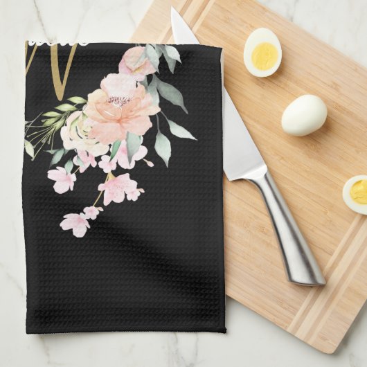 Bloemrozen Script Monogram Goud Zwart Theedoek (Quarter Fold)