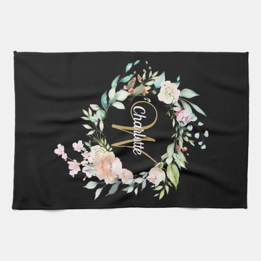 Bloemrozen Script Monogram Goud Zwart Theedoek (Horizontaal)