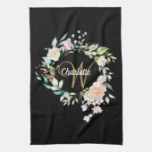 Bloemrozen Script Monogram Goud Zwart Theedoek (Verticaal)