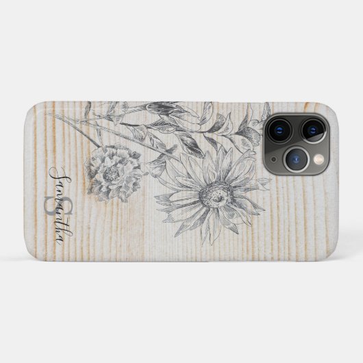 Bloemschets op Faux Wood Achtergrond Monogram Case-Mate iPhone Case (Achterkant (horizontaal))
