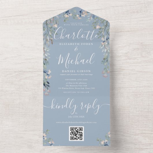 Bloemschrift QR Code Dusty Blue Wedding All In One Uitnodiging (Binnen)
