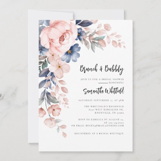 Bloemscript Bubbly en Brunch Vrijgezellenfeest Kaart (Voorkant)