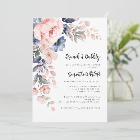 Bloemscript Bubbly en Brunch Vrijgezellenfeest Kaart (Staand voorkant)
