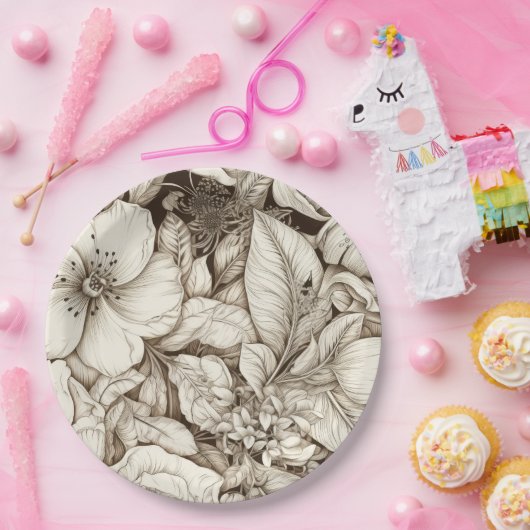 bloemsepiapatroon (10) papieren bordje (Feest)