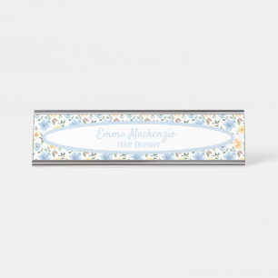 Bloemstation Blauwe Gele Bloemen Bureaublad Bord Bureau Naambordje