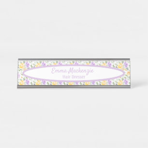 Bloemstation Paarse Gele Bloemen Bureaublad Bord Bureau Naambordje