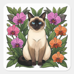 bloemstickers van een siamees kat vierkante sticker